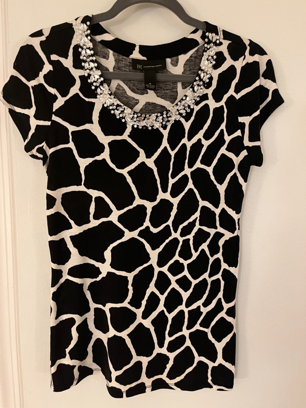 INC International Concepts Black & White Embellished Neck Short Sleeve Top